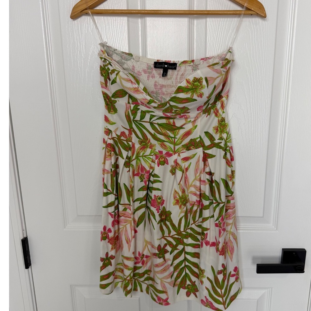 Derek Heart Womens Strapless Tropical Floral Mini Dress White Pink Green Large